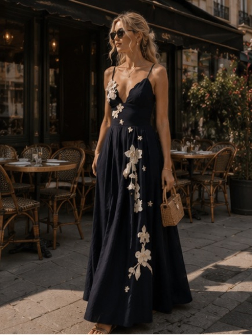 Agua by Agua Bendita Navy Maxi Dress with Ivory Floral Appliqués - Picture 2 of 16